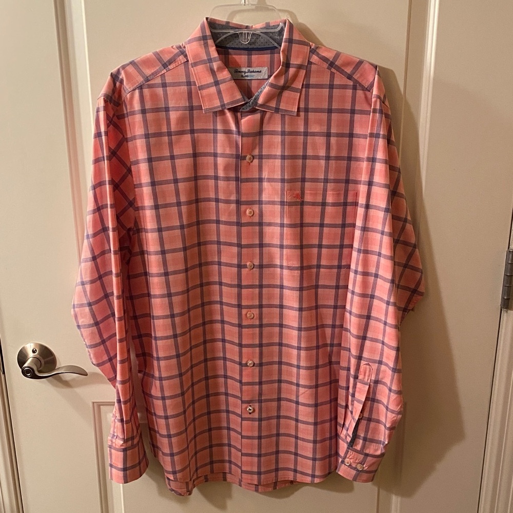 Tommy Bahama Men’s Coral and Navy Plaid Button Down Shirt